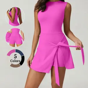 Kabuer Women's Sleeveless Tennis Dress - High-Stretch Knit Fabric, Crew Neck, Solid Color, Ruffle Side Slit, Built-in Shorts, Machine Washable - Tennis Attire, Unisex Yoga Stretch Dress, Women's Clothes