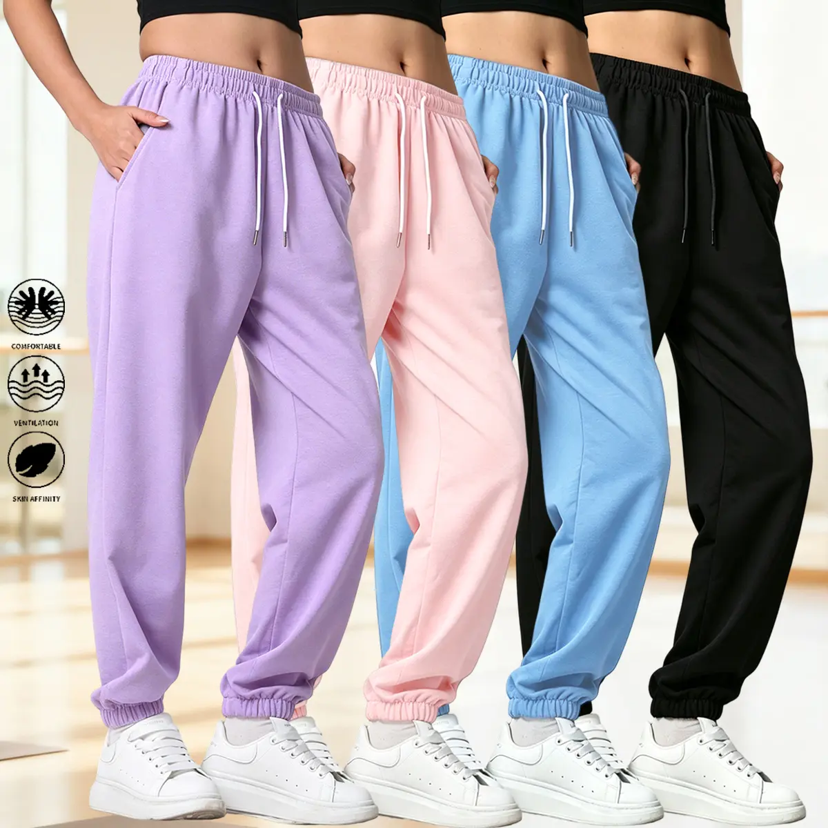 Pack of 4 women’s athletic pants featuring a classic solid color design. Elastic waistband with drawstring adjustment for a comfortable fit. Suitable for sports fitness, commuting to work, casual wear, vacations, and more. Women’s pants, summer women’s bo