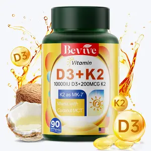 Bevive VitaminD3+K2 Supplement - 90 Capsules, Coconut MCT Oil, Caffeine Free, MK-7 Subtype Fermented Vitamin K2, Non-GMO - Fitness