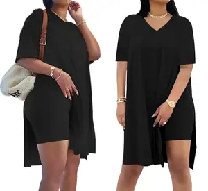 2026 New Plus Size Two‑Piece Outfits with Pocket, Women’s Casual Summer Tracksuit, Long Sleeve Tunic Top & Skinny Biker Shorts Set, Breathable Comfortable Spring Bodycon Loungewear,