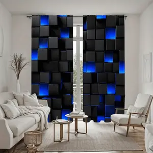 2Pcs Black Blue Abstract Cube Pattern Curtain Panel, Modern Geometric Style, Pole Pocket, Semi Sunshade, Home Decor for Living Room Bedroom Balcony Kitchen Study & Shower, Window Accessory, Anti Privacy.