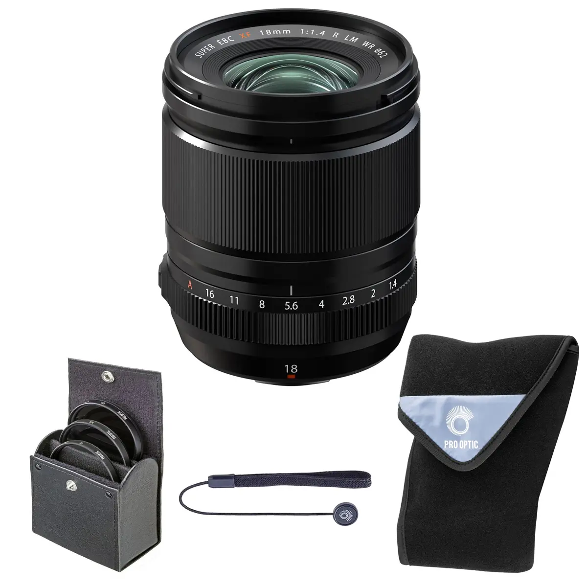 Fujifilm XF 18mm f/1.4 R LM WR Locking Prime Lens Bundle with 62mm Digital Essentials Filter Kit, 15x15in Lens Wrap, Lock