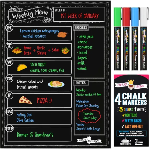 Magnetic Dry Erase Menu Board for Fridge – Weekly Meal Planner Chalkboard with 4 Liquid Chalk Markers, Grocery List & Notepad for Kitchen Refrigerator