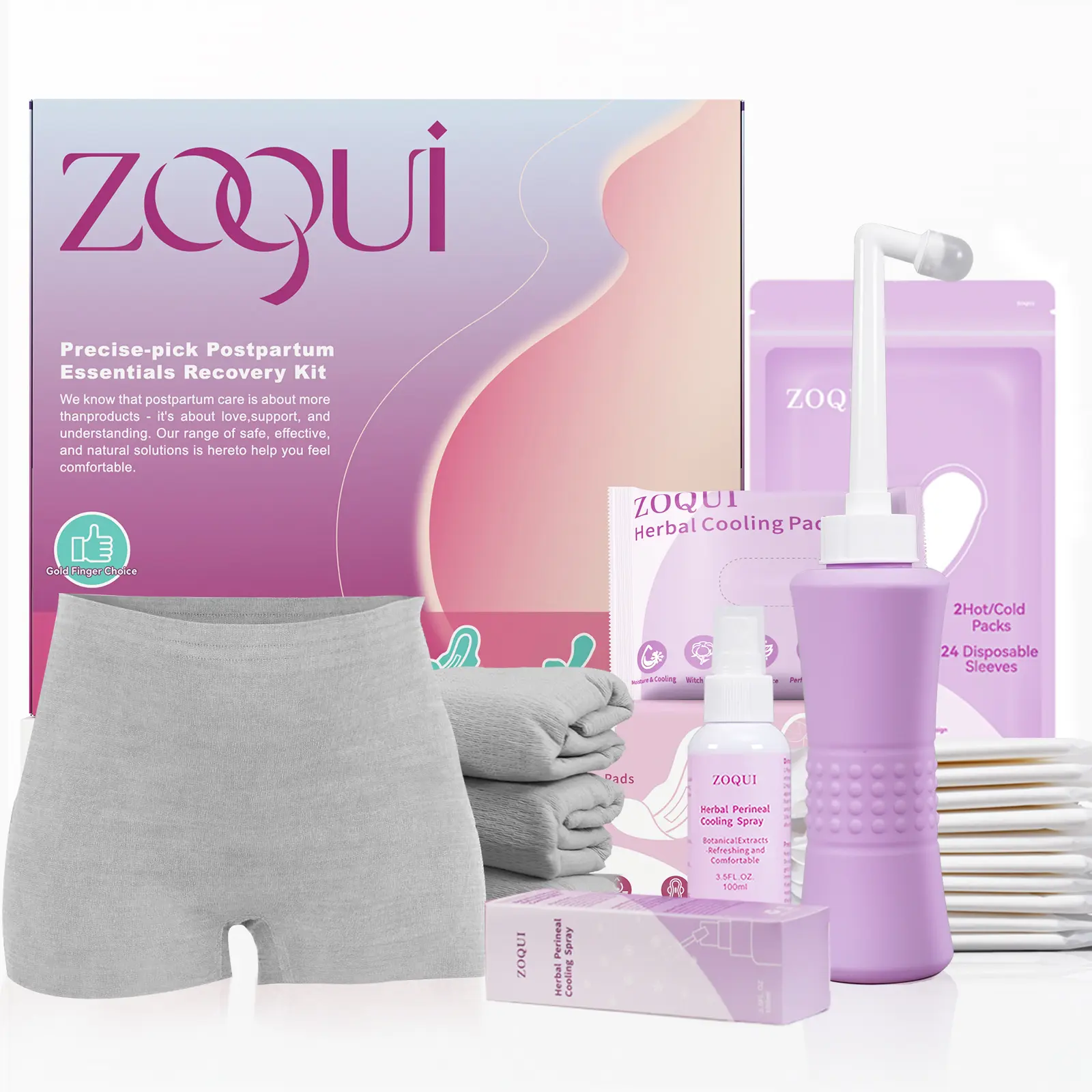 ZOQUI Postpartum Essentials Recovery Kit for Women, Labor Delivery Mom Care Kit, Peri Bottle Cooling Spray Disposable Underwear Pads Hot Cold Packs Liners for New Moms Summer Comfort