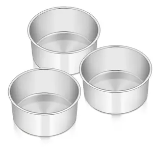 Set of 3 cake pans, 6 x 3 inch round stainless steel baking pans for weddings and birthdays, deep sides and non-toxic, oven and dishwasher safe, mirror finish and straight sides