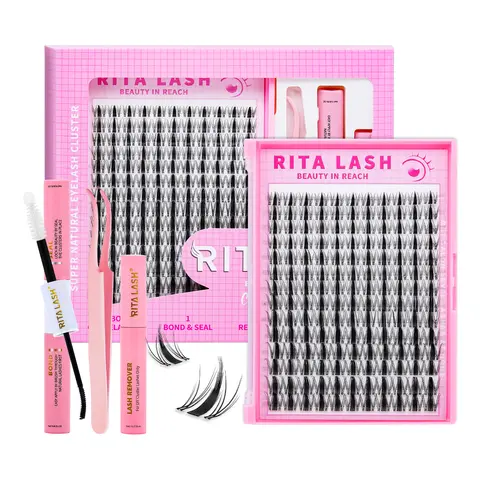 RITALASH 154pcs D Curl Fluffy Cluster Eyelash Kit - Nature Plant Fibers Individual False Lashes, Mixed Lengths, DIY At-Home Styling Tool, Adhesive, Sealer, Remover for Makeup