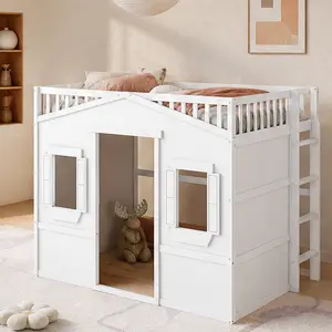 ARCH Full Size Loft Bed Frame with Ladder for Kids Teens Adults, Solid Wood White House Bed with Guardrails, Space-Saving High Bed for Bedroom, No Box Spring Needed, 77.5L x 57.8W x 65H in, Full Size Options, White Color Options, Solid Wood Material