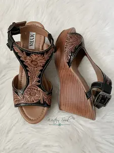 Talitha Hand-Tooled Wedge Heels – Western Cowgirl Peep-Toe Heels