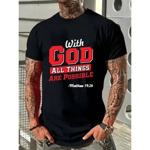 Everything Is Possible with God TShirt Black Religious Bible Verse Matthew 19 26 Print Men's Casual Wear Daily Wear Four Seasons Fit Pure Round Neck Short Sleeve Christmas Easter Birthday Ideal, PLUS SIZE