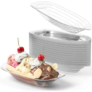 Recyclable 8oz 50 Pack Banana Split Boats Durable Disposable Ice Cream Sundae Bowls Clear Dessert Trays for Social Events Kids Birthday Parties and Carnivals