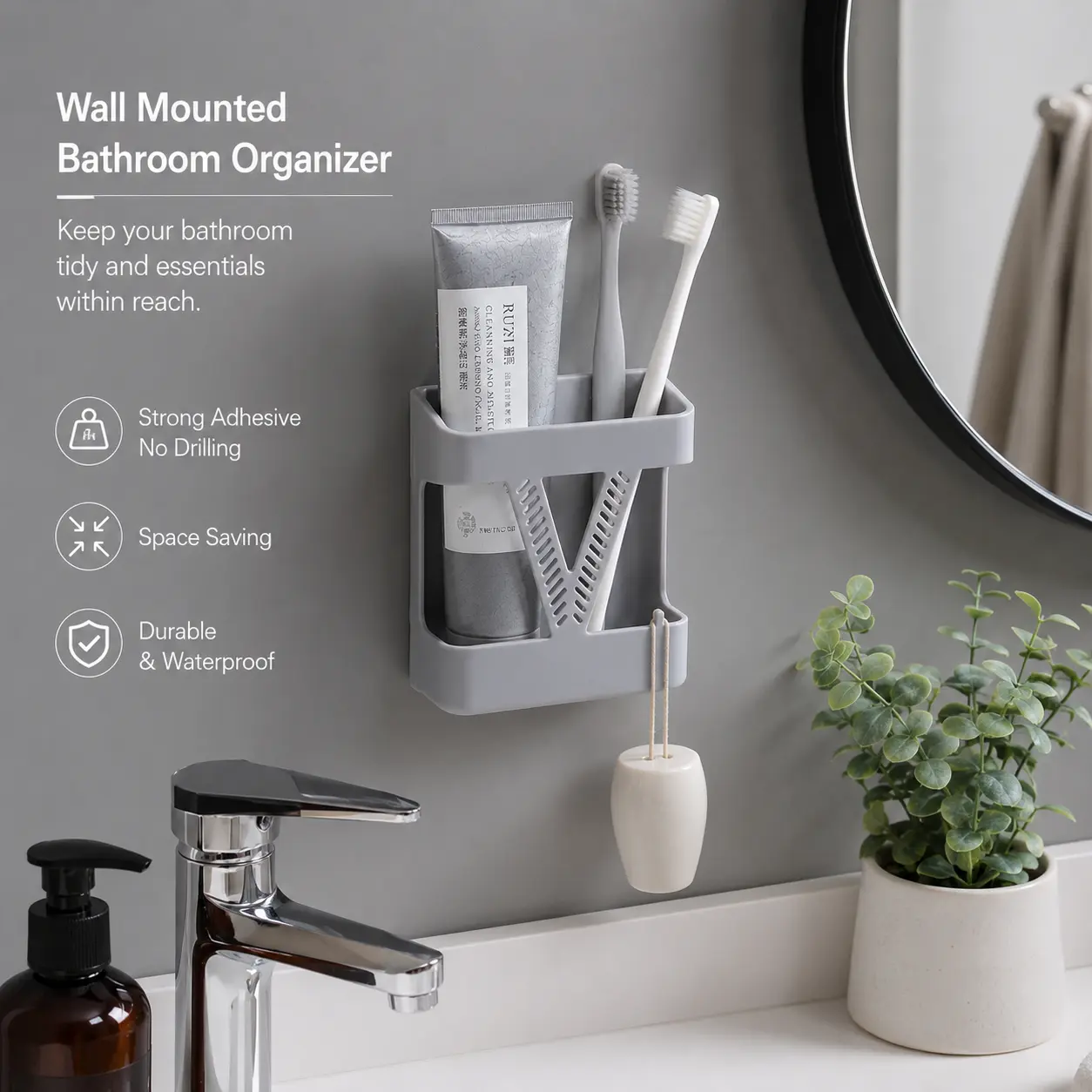 1 Count Wall Mounted Adhesive Storage Holder, ABS Hollow Wire Cutout Design for Storing Phone Toothbrush Remote Control in Home Bathroom