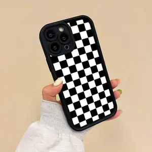 Suitable for foriphone 16 15 14 13 12 11 Pro Black & White Plaid Pattern Silicone Phone Case, Stylish Popular Choice, Gift for Him or Her FJ1 Screen Protector Cover Protection Cellphone Smartphone Casing Shockproof Protective phone cases iphone 13 case
