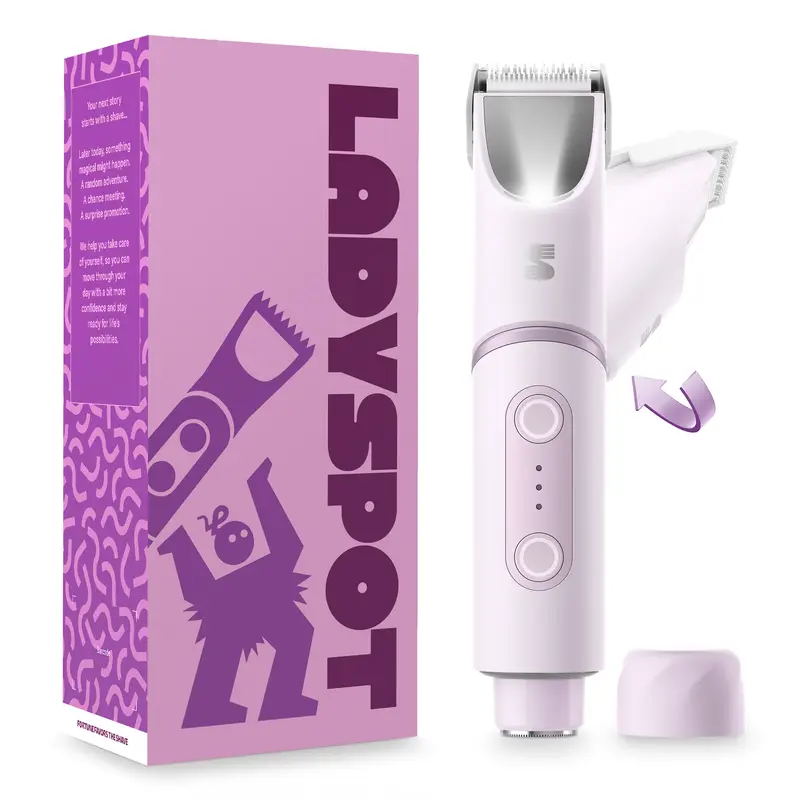 LADYSPOT SpinDuo Women's 2-in-1 Electric Bikini Trimmer - 180° Rotating Head, SpotGlide Ceramic Blade, 3-Step Trim-Shave-Red Light, Light & Mirror, IPX7 Wet Dry Use, Built-In Batteries, USB-C Hair Removal Tool
