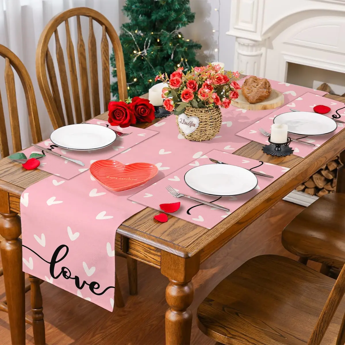 1/4pcs Valentine's Day placemat table flag set, pink romantic design anti slip and heat-insulating table mat, washable, Kitchen decorative placemat, party table decoration table flag placemat, Valentine's Day restaurant kitchen decoration, home decoration