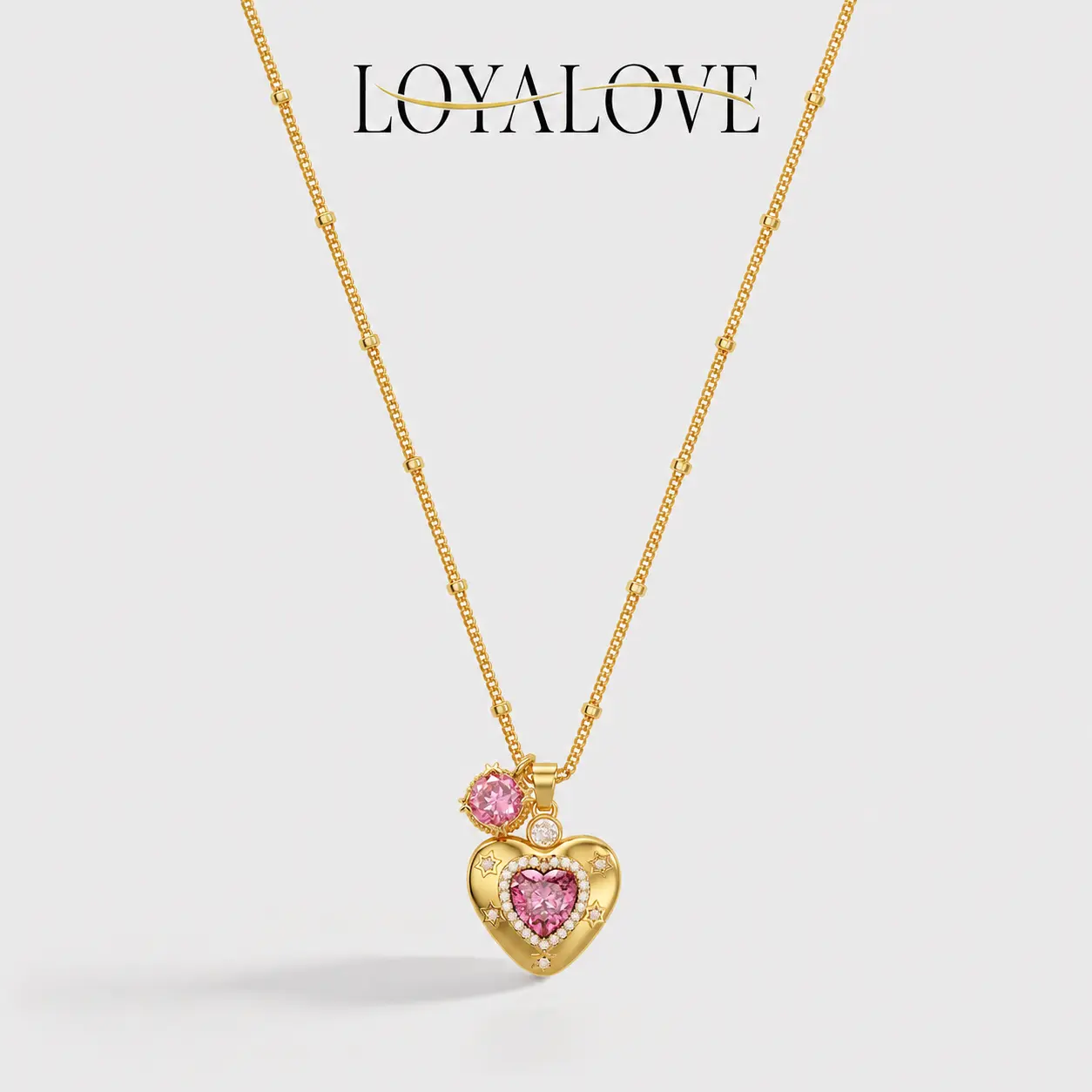Loyalove Initial Necklace for Women Pink Heart Pendant Necklace for Women, 14K Gold plated & 925 Silver plated Tone Cubic Zirconia Star Charm Necklace, Adjustable Dainty Jewelry, Romantic Gift for Her