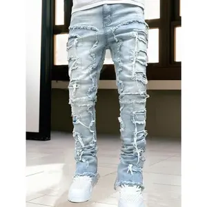 Men's Plus Size Solid Black Creative Tassel Denim Pants Jean Streetwear Menswear Print(Raincoats)