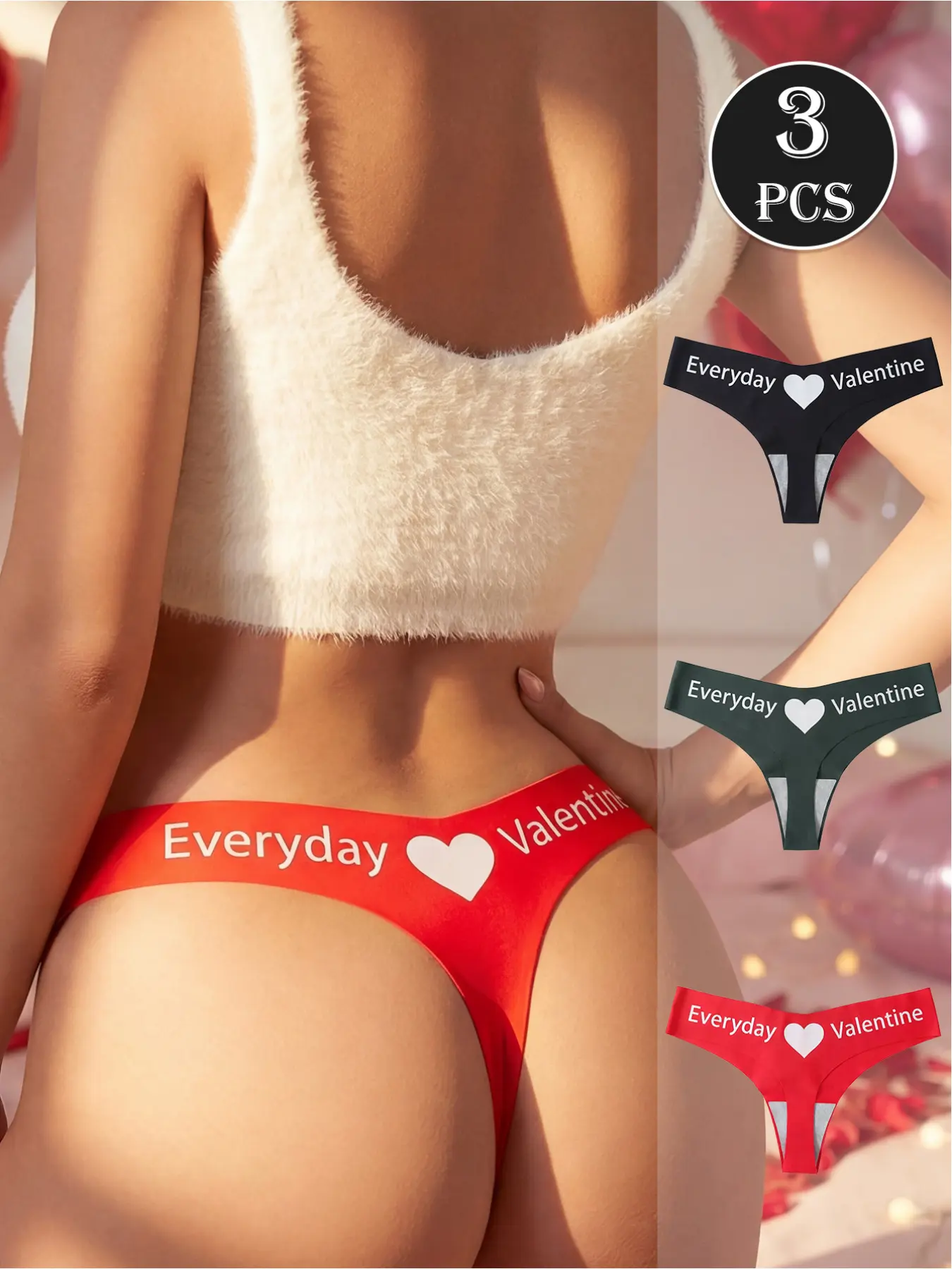 3 Pack Women's Thongs Panties - Romantic Valentine's Heart Print in Black, Red & Green | Seamless No Show & Comfort Fit Womenswear Panties Set Intimates Panties Seamless Knickers