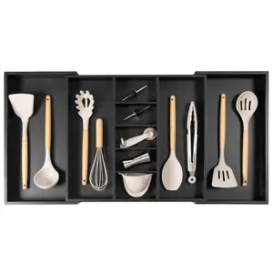 Premium Silverware, Flatware and Utensil Organizer for Kitchen Drawers, Food-Safe Contract Grade, Expandable from 18 to 33 In, Black Bamboo Boxes Knives