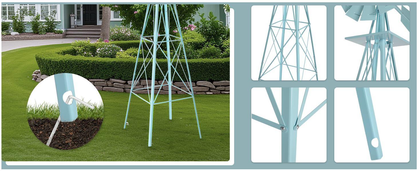 Outvita 8FT Ornamental Windmill, Heavy Duty Durable Metal Weather Vane Garden Decoration Weather Resistant for Garden, Yard, Farm, Seaside (8ft-Gray)