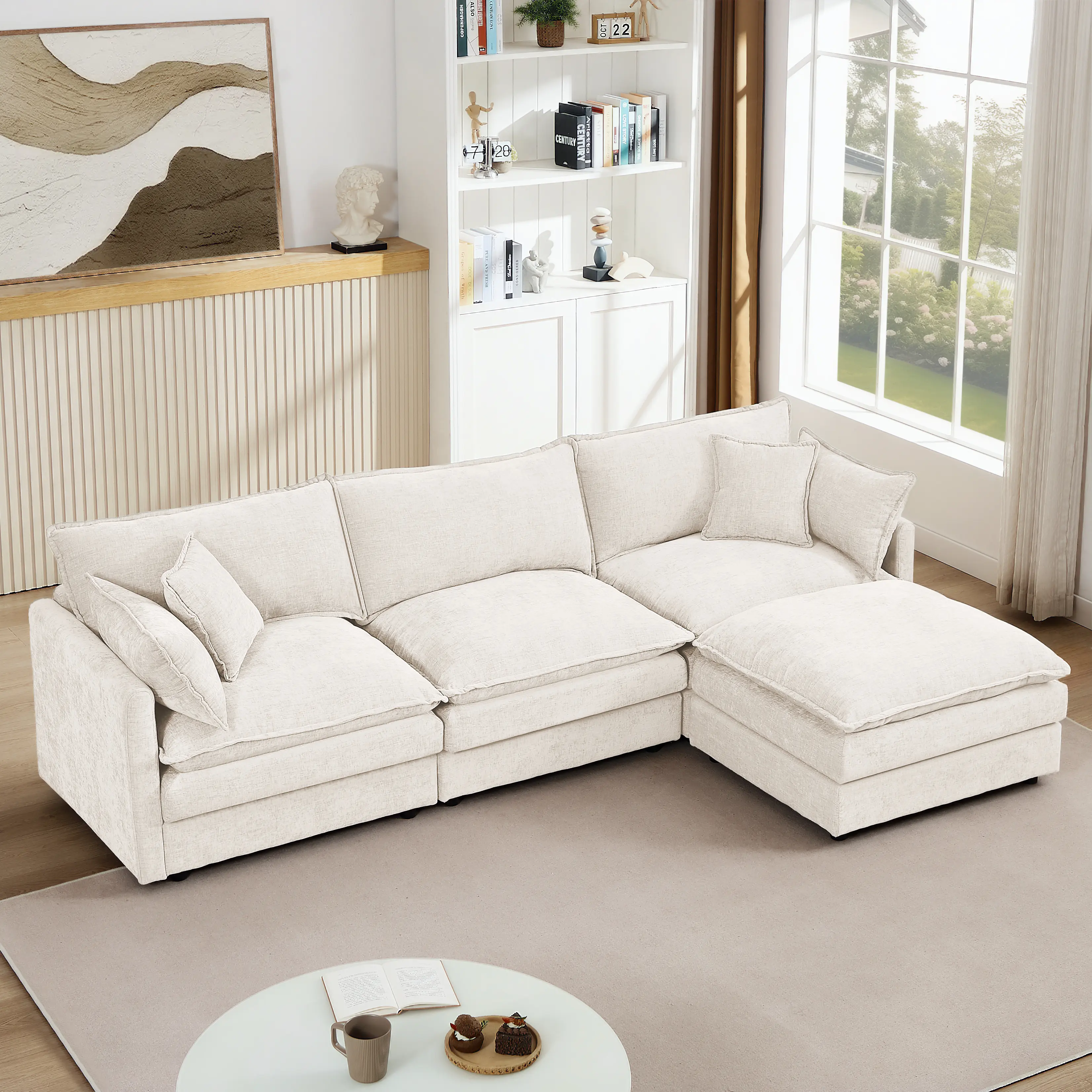 Modern Convertible 102" L-Shaped Cloud Chenille Sectional Sofa, 3-Seat Modular Couch with Movable Ottoman, DIY Combination Soft Sofa Set for Living Room, Modern Convertible Sofa