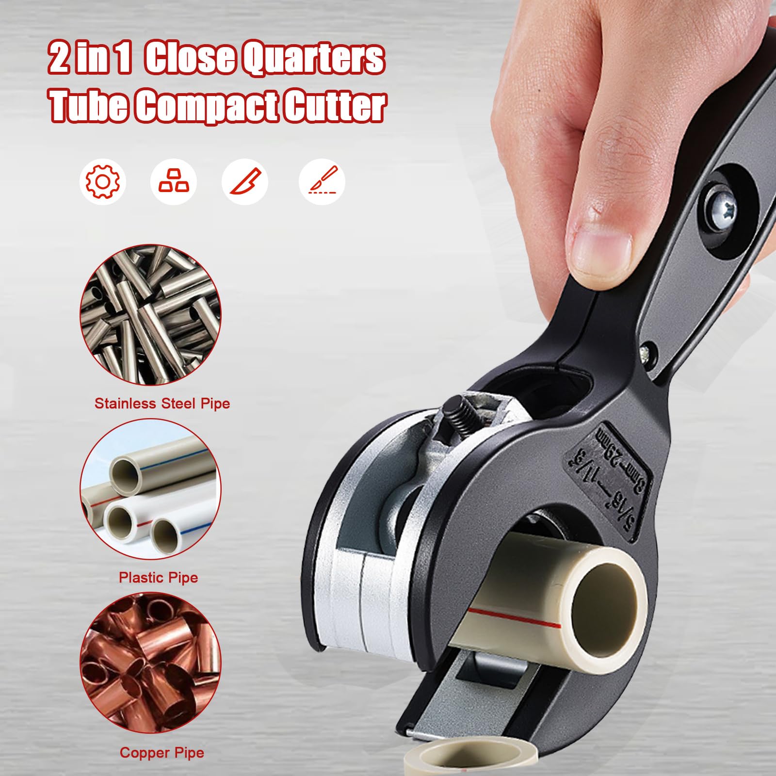 Ratcheting Tubing Cutter,2 in 1 Close Quarters Tube Compact Cutter, Portable Ratcheting Tubing Cutter Tool for Cutting Copper, PVC, and Soft Metal Pipes