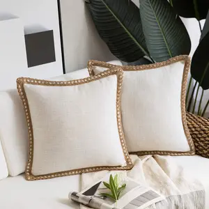 Phantoscope Pack of 2 Farmhouse Modern Fall Decorative Throw Pillow Covers Burlap Linen Trimmed Outdoor Pillows