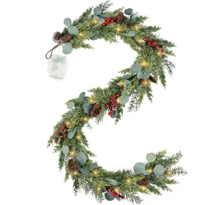 6ft Christmas Garland with Lights Artificial Cedar Cypress Garland with Pine Cones Garland for  Fireplace Wall Indoor Outdoor Holiday Party Decoration