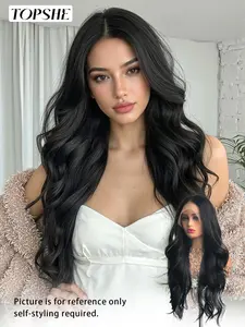 13×6 Glueless Long Body Wave Pure Black Synthetic Lace Front Wig 28 Inch, Natural Hairline, Heat-Resistant Synthetic Hair, Daily Wear for Women, Beginner-Friendly, Deep Wavy Wigs