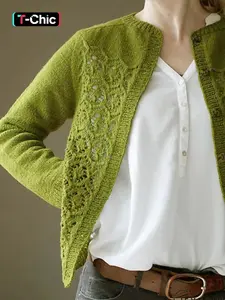 Women's Plain Hollow Out Button Front Cable Knit Cardigan, Chic Casual Long Sleeve Round Neck Fit for Spring & Fall, Clothing Daily Wear, Knitwear, Outerwear, Cozy, Versatile, Comfort, Style, Outfit, Essential