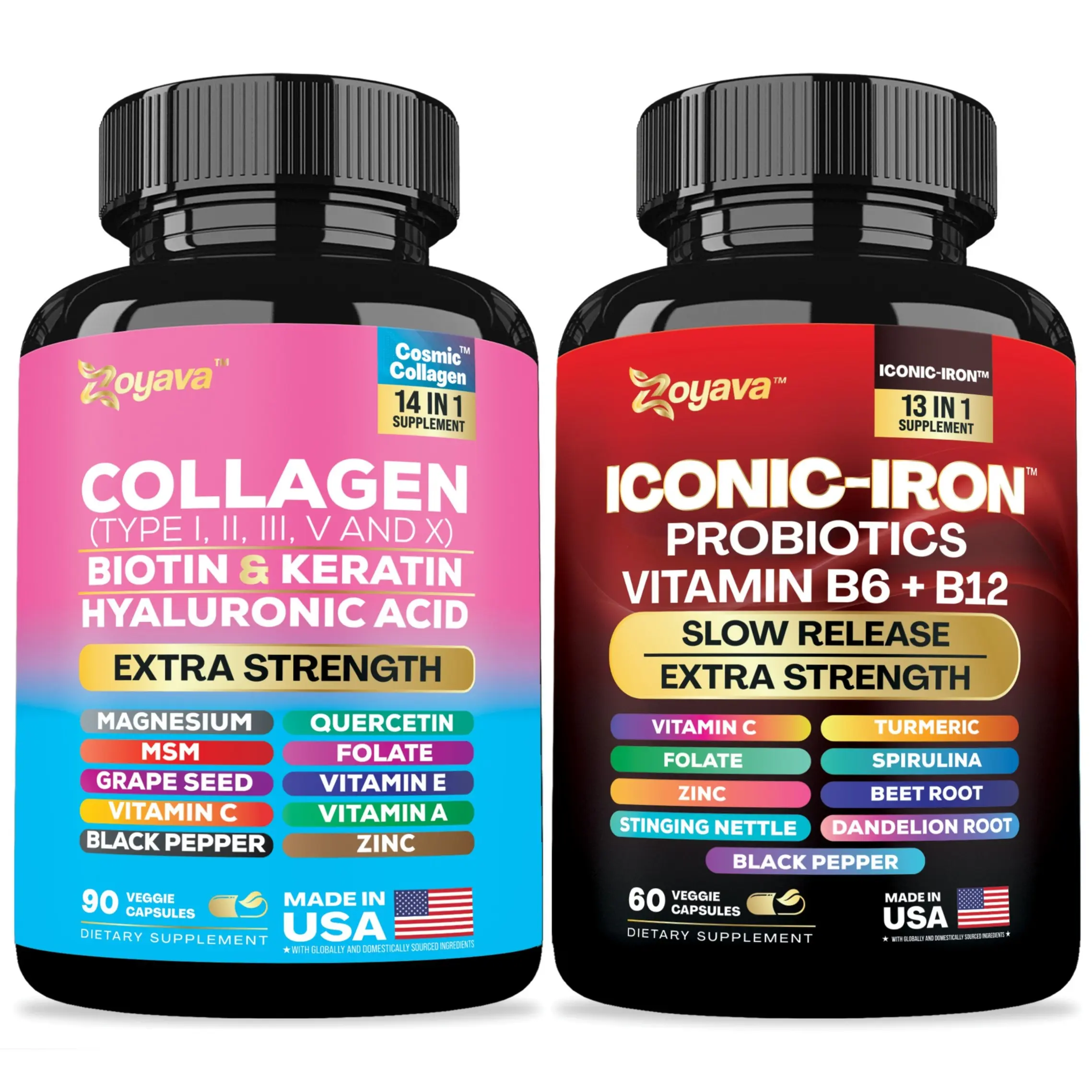 Women Beauty & Energy Bundle - Zoyava Iron & Collagen Supplement Daily Support - Iron Deficiency, Anti-Aging Support, Fitness - Made in USA
