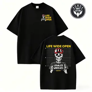 Men's "Life Wide Open" Double-Sided Graphic T-Shirt, Adult Skeleton Wheelie Biker Tee, Unisex Streetwear Short Sleeve Top, "Legalize Wheelies" CBOYSTV Inspired Shirt