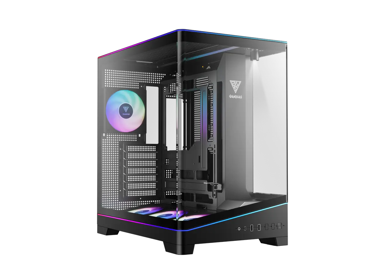 GAMDIAS Atlas P6 CG Mid-Tower Gaming PC, Mini-ITX, Micro-ATX, and ATX, 4x120mm PWM ARGB Fans, Curved Tempered Glass Panoramic Design, Modular Tool Free, Type-C Ready, 425mm GPU Support