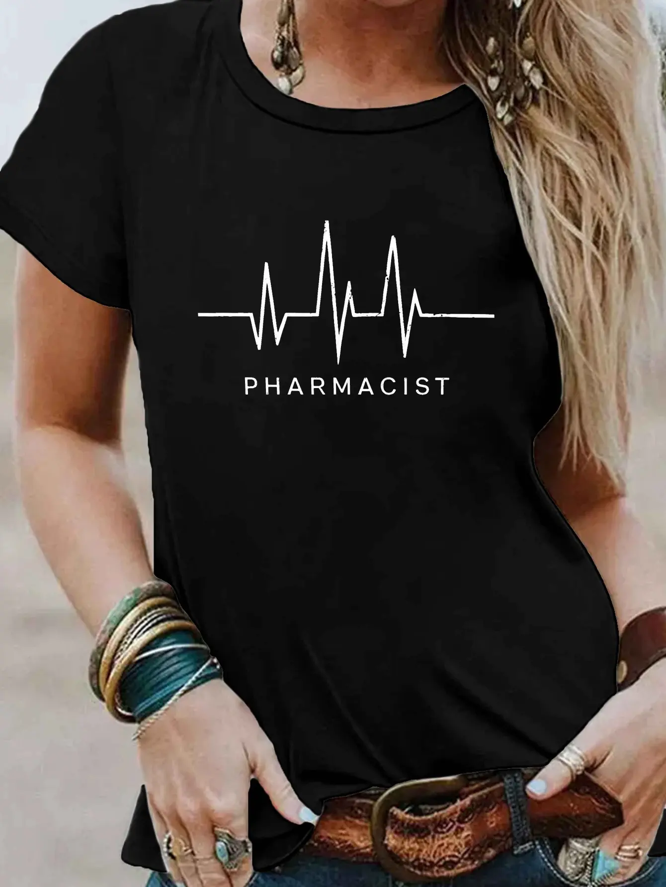 Pharmacist ECG Line Print T-shirt, Short Sleeve Cr unisex soft cotton short sleeve t shirt, vintage graphic casual tee for men women teens, perfect birthday holiday gift for camping travel gym daily street casual wear
