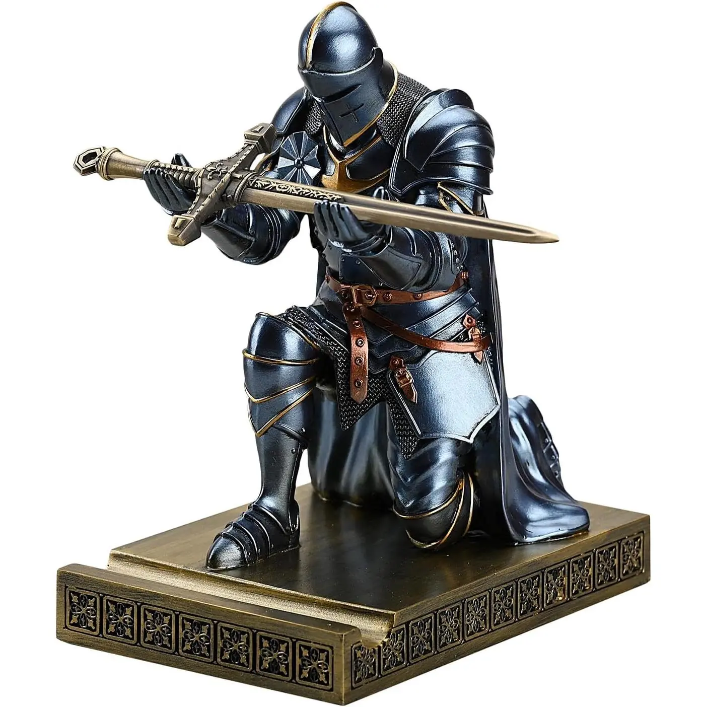 Medieval Armored Warrior Wearing Outerwear, Mobile Phone Stand Knight Pen Holder Desk Organizers,  Bookends Paperweight with a Letter Opener for Desk (Blue)