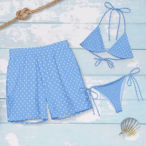 Polka Dot Matching Couples Swimsuits for Honeymoon, Beach Vacation & Anniversary. Sky Blue Bikini Separates.