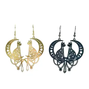 Celestial Cat Statement Hook Earrings - Black & GLD Options with Unique Design and Decorative Elements