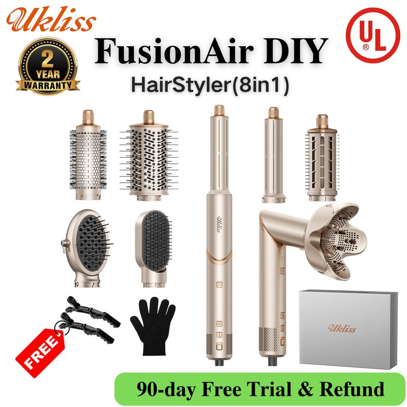 UKLISS FusionAir DIY HairStyler Champagne Gold 90-Day Free Trial & Refund 2 Year Warranty 110000RPM HairCurler + HairStraightener + HairDryer + HotAirBrush + LowTemperatureHairCare + NegativeIons + BlowoutBoost + HairDiffuser + Fluffier