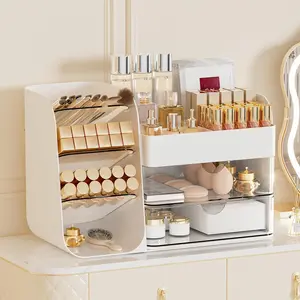 Makeup Organizer with 2 M Drawers & Brush Holders - Cosmetic Storage Case for Vanity, Bathroom Countertop & Desk - Skincare & Office Supplies Organizer (White, M)