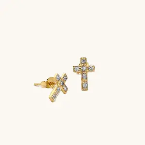 SOLID 14K YELLOW GOLD .12TCW DIAMOND CROSS EARRINGS