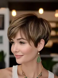 Short Pixie Cut Human Hair Wig Elegant Brazilian Straight Hair Wig with Bangs Perfect for Daily Party Halloween Wear Pixie Wigs