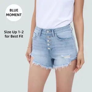 BlueMoment Summer vibes Mid Rise Ripped Denim Shorts With Snap Button Front Frayed Raw Hem Light Wash Y2K Beach Outfits