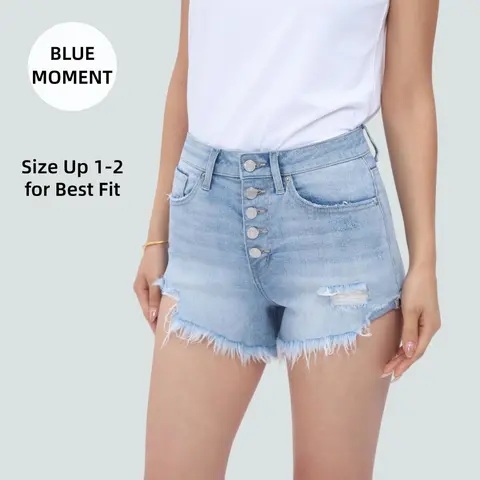 BlueMoment Women’s High-Waisted Fitted Casual Denim Streetwear Shorts - Light Wash, Ripped Detail, 5-Button Fly Closure, Raw Frayed Hem, Stretch, Flattering Back Pockets, Distressed Look