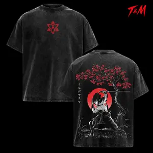 Sasuke Uchiha Vintage Acid Wash Anime T-Shirt,  Japanese Cherry Blossom Aesthetic Graphic Tee, Premium Oversized Streetwear Graphic Top, Naruto Merch