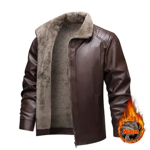 Men's Winter Leather Jacket Fleece Lined Warm Leather Coat with Lapel Collar for Daily Casual and Commuter Wear Long Style Thick Heavy Coats Beige