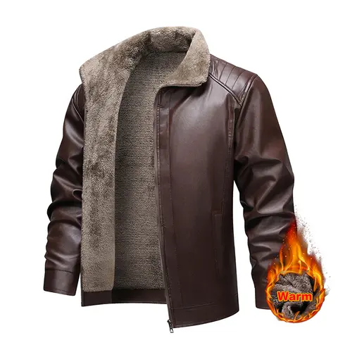 Mens Fitted Long-Sleeve Fleece-Lined Winter Leather Jacket - Classic Plain Lapel Collar Mens Clothing Coat, Warm Thick Heavy Long Style for Daily Casual & Commuter Wear, Beige