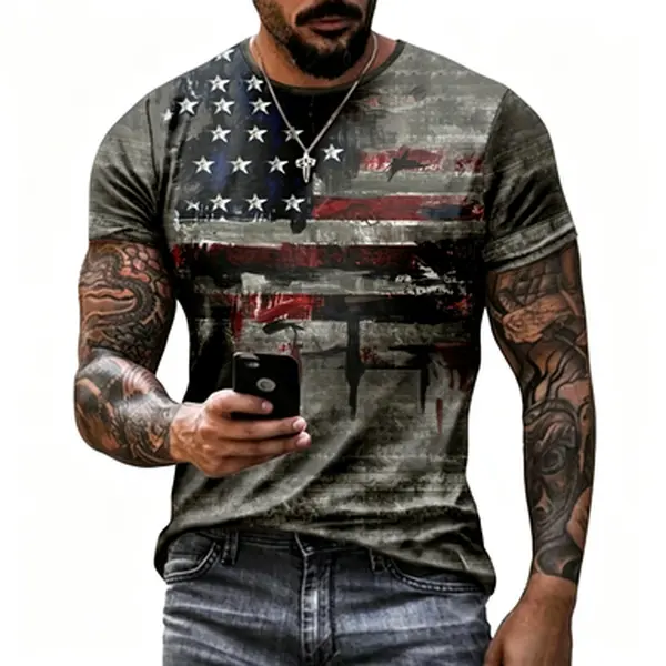Summer Men Crew Neck T-Shirt, Retro USA Flag Graphic Short Sleeve Top, Independence Day Patriotic Casual Streetwear Tees for Daily Wear
