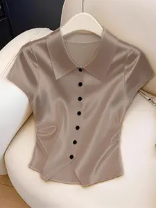 Elegant Slim-Fit Women's Short Sleeve Shirt, Fitted, Commuter Fashion Top, Simple Style Basic, Minimalist, Perfect for Daily Wear, Ladies' Casual Blouse