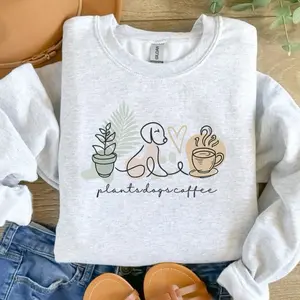 Plants Dogs Coffee Sweatshirt - Ash Grey  Fabric Unisex Aesthetic Comfy Everyday