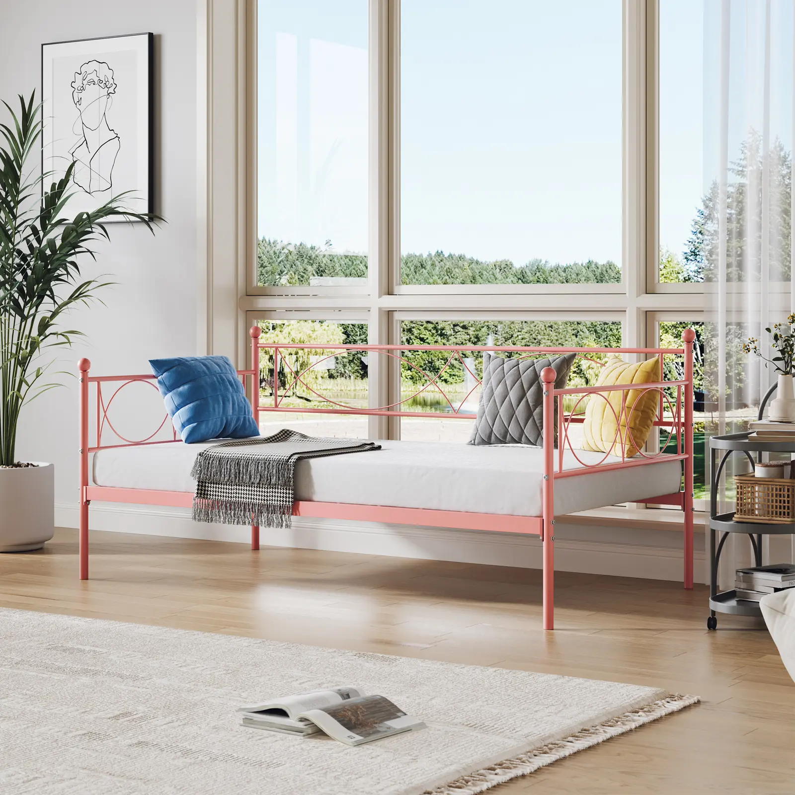 Twin Size Metal Daybed Frame with Curved Floral Shape Back, Space-Saving Sturdy Design for Living Room & Bedroom, Storage Under Bed, Indoor Furniture Bed for Apartment