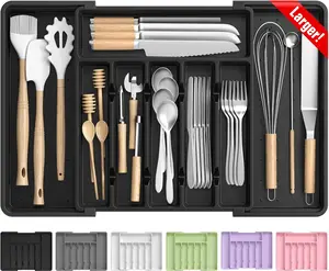 Large Silverware Organizer,Expandable Utensil Drawer Organizer,BPA Free Utensil Holder,Adjustable Silverware Tray Cutlery Drawer Organizer for Kitchen Flatware,Large,Black (6-8 Slots)
